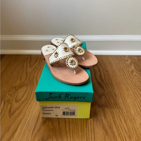 Jack Rogers Nantucket White & Gold Leather Sandal, Women's 5 - NWT/NWB - Picture 3 of 12